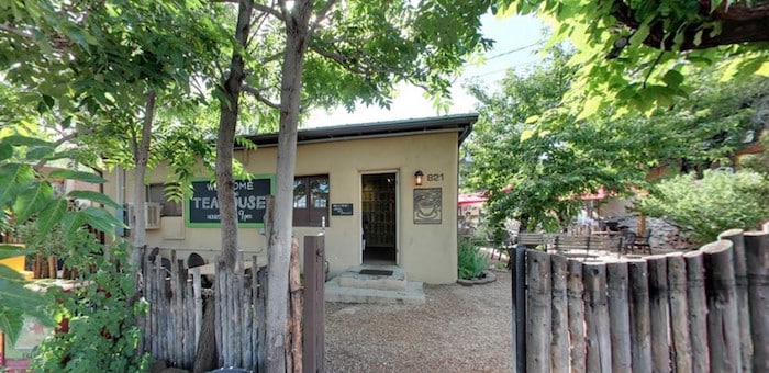 The exterior of The Teahouse, a well-known coffee and tea cafe in Santa Fe, New Mexico