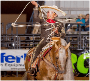 A cowboy mounted on a horse uses a lariat at the Rodeo de Santa Fe in Santa Fe, New Mexico
