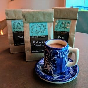 Three signature chocolate elixirs from Kakawa Chocolate House in Santa Fe, New Mexico: Modern Mexican, Kakawa's American, and Chile.