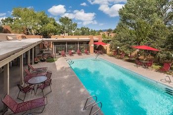 A view of the pool at the Reserve condo community in Santa Fe, New Mexico
