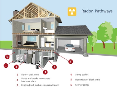 Infographic showing the pathways of Radon