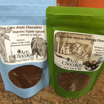 Bags of Zapotec Tejate and Colonial New Mexico Drinking Chocolates from Cacao Santa Fe artisinal chocolatier in Santa Fe, New Mexico.