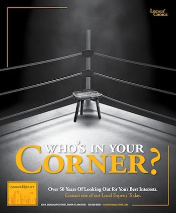 Who's in your Corner? advertisement. A lone bench in the corner of a boxing ring with dramatic spotlight shining down