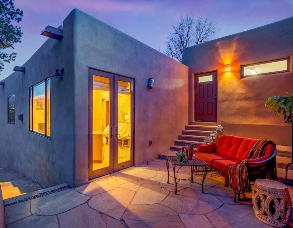 An adobe home in Santa Fe with fantastic sunset lighting