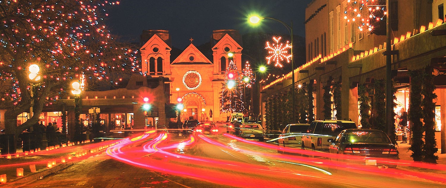 The St. Francis Cathedral in downtown Santa Fe during Christmas
