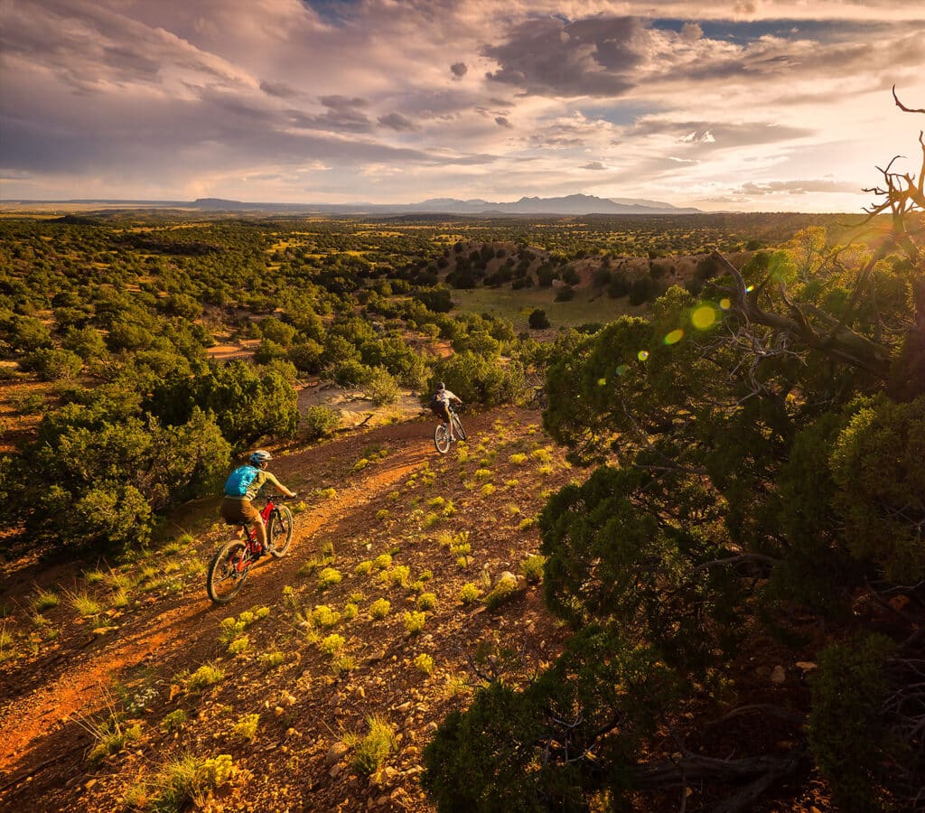 Mountain bikers on the trail at sunset.