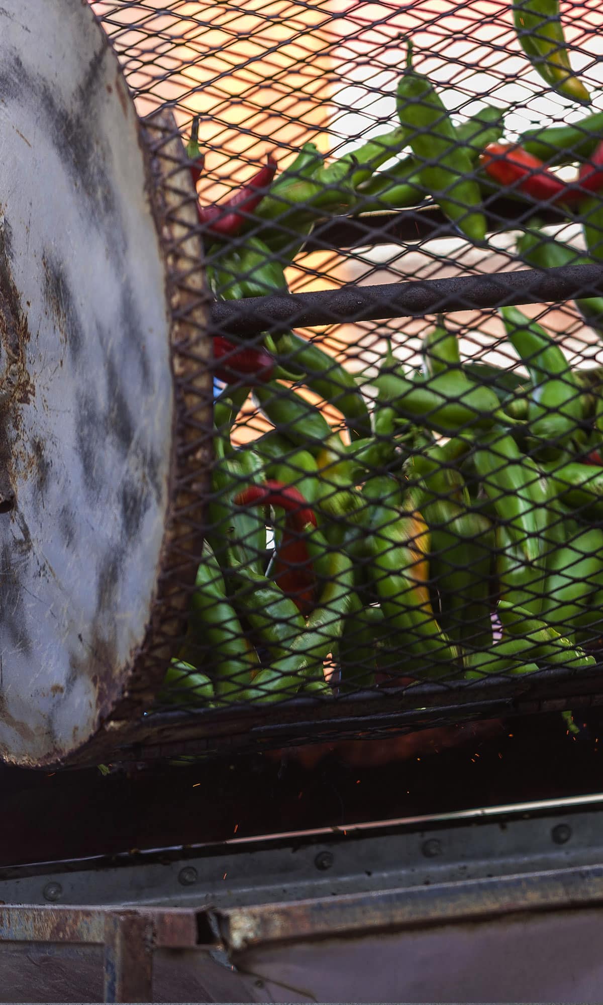 New Mexico Green Chiles spinning in roaster.