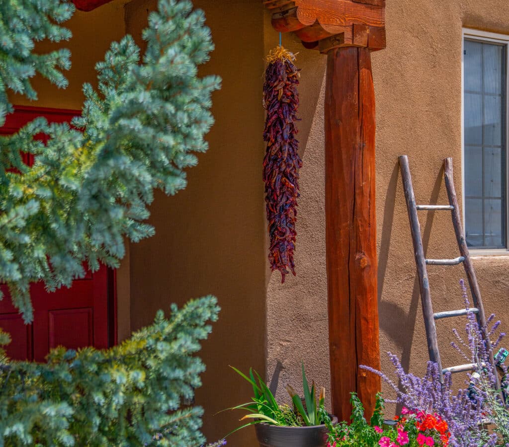 Brown stucco home with post, corbel, and hanging red chile ristra. Old wooden ladder, Blue Spruce tree, and flowers in front of house.